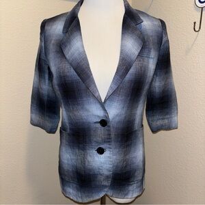 Smythe LINEN Blue Black Plaid Women’s Blazer scrunch half-sleeves